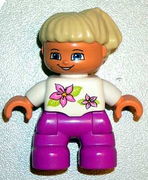 Duplo Figure Lego Ville, Child Girl, Magenta Legs, White Top with Two Flowers, White Arms, Tan Hair 