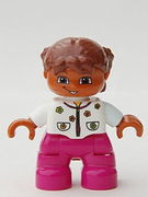 Duplo Figure Lego Ville, Child Girl, Magenta Legs, White Top with Flowers, Reddish Brown Hair with Braids 