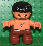 Duplo Figure Lego Ville, Child Boy, Reddish Brown Legs, Stone Necklace Pattern, Black Hair (Caveman) 