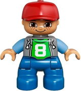 Duplo Figure Lego Ville, Child Boy, Blue Legs, Light Bluish Gray Top with Number 8, Medium Blue Arms, Red Cap, Freckles 
