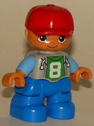 Duplo Figure Lego Ville, Child Boy, Blue Legs, Light Bluish Gray Top with Number 8, Medium Blue Arms, Red Cap, Freckles, Oval Eyes 