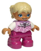 Duplo Figure Lego Ville, Child Girl, Magenta Legs, Bright Pink Top with Flowers, White Arms, Tan Hair with Braids, Oval Eyes 