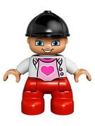 Duplo Figure Lego Ville, Child Girl, Red Legs, White Top with Heart, Black Riding Helmet 