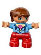 Duplo Figure Lego Ville, Child Girl, Red Legs, Medium Blue Jacket over Shirt with Flower, Reddish Brown Pigtails 