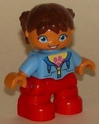 Duplo Figure Lego Ville, Child Girl, Red Legs, Medium Blue Jacket over Shirt with Flower, Reddish Brown Pigtails, Oval Eyes 