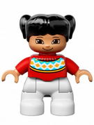 Duplo Figure Lego Ville, Child Girl, White Legs, Red Fair Isle Sweater with Orange Diamonds, Brown Eyes with Cheeks Outline, Black Pigtails 