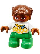 Duplo Figure Lego Ville, Child Girl, Bright Green Legs, White Top with Yellow Pattern and Blue Bow, Brown Hair, Brown Head, Magenta Glasses 