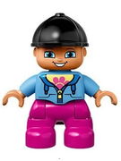 Duplo Figure Lego Ville, Child Girl, Dark Pink Legs, Medium Blue Jacket with Flower Top, Black Riding Helmet 