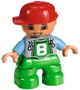 Duplo Figure Lego Ville, Child Boy, Bright Green Legs, Light Bluish Gray Top with '8' Pattern, Medium Blue Arms, Red Cap 