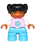 Duplo Figure Lego Ville, Child Girl, Dark Azure Legs, Bright Pink Top with Yellow and Dark Azure Flower, Black Hair with Pigtails 
