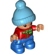 Duplo Figure Lego Ville, Child Boy, Blue Legs, Red Top with Scarf and Zipper Pattern, Freckles, Brown Eyes, Medium Azure Bobble Cap 