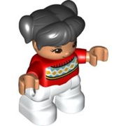 Duplo Figure Lego Ville, Child Girl, White Legs, Red Fair Isle Sweater with Orange Diamonds, Brown Oval Eyes, Black Pigtails 