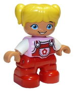 Duplo Figure Lego Ville, Child Girl, Red Legs, Bright Pink Top with Flower on Pocket, White Arms, Yellow Hair 