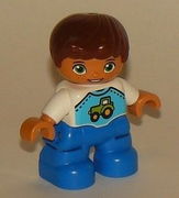 Duplo Figure Lego Ville, Child Boy, Blue Legs, White Top with Tractor Pattern, Reddish Brown Hair 