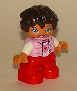 Duplo Figure Lego Ville, Child Girl, Red Legs, Bright Pink Top with Heart Pattern, White Arms, Reddish Brown Hair 