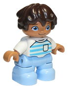 Duplo Figure Lego Ville, Child Boy, Bright Light Blue Legs, White Top with Medium Azure and Light Aqua Stripes, White Arms, Dark Brown Hair 