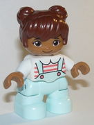 Duplo Figure Lego Ville, Child Girl, Light Aqua Legs, White Top with Coral Stripes, Reddish Brown Hair 