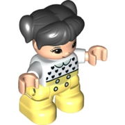 Duplo Figure Lego Ville, Child Girl, Bright Light Yellow Legs, White Top with Black Hearts, Black Hair with Pigtails, Light Nougat Skin 