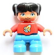 Duplo Figure Lego Ville, Child Girl, Dark Azure Legs, Red Top with Space Rocket Ship, Black Hair