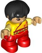 Duplo Figure Lego Ville, Child Boy, Red Legs, Yellow Robe, Black Hair