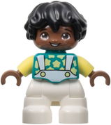 Duplo Figure Lego Ville, Child Boy, White Legs, Dark Turquoise Top with Suspenders, Bright Light Yellow Sleeves and Stars, Black Hair (6444500)