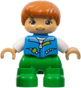 Duplo Figure Lego Ville, Child Boy, Bright Green Legs, Dark Azure Vest, White Shirt, Dark Orange Hair, Hearing Aids (6443276)