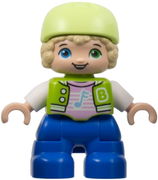 Duplo Figure Lego Ville, Child Boy, Blue Legs, Lime Jacket with White Sleeves, Bright Pink Shirt, Yellowish Green Bicycle Helmet (6424661)