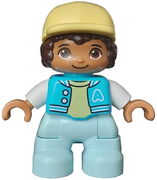Duplo Figure Lego Ville, Child Girl, Light Aqua Legs, Medium Azure Jacket with Capital Letter A and Buttons, Dark Brown Hair, Bright Light Yellow Cap (6435328)