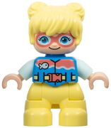 Duplo Figure Lego Ville, Child Girl, Bright Light Yellow Legs and Hair, Dark Azure Vest, Dark Pink Goggles, Light Aqua Arms (6449853)