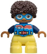 Duplo Figure Lego Ville, Child Boy, Bright Light Yellow Legs, Dark Azure Vest and Goggles, Dark Blue Arms, Dark Brown Hair (6449847)
