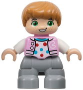 Duplo Figure Lego Ville, Child Boy, Light Bluish Gray Legs, Bright Pink Jacket with Capital Letter C, Polka Dot Shirt, Medium Nougat Hair (6446171)