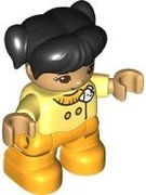 Duplo Figure Lego Ville, Child Girl, Bright Light Orange Legs, Bright Light Yellow Top with White Dog Head, Black Hair with Pigtails (6444088)