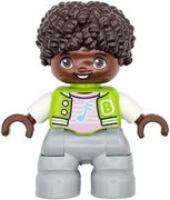 Duplo Figure Lego Ville, Child Boy, Light Bluish Gray Legs, Lime Jacket with White Sleeves, Bright Pink Shirt, Dark Brown Hair (6469554)
