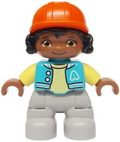 Duplo Figure Lego Ville, Child Girl, Light Bluish Gray Legs, Medium Azure Jacket with Capital Letter A and Buttons, Black Hair, Reddish Orange Riding Helmet (6474068)