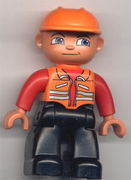 Duplo Figure Lego Ville, Male, Black Legs, Orange Vest, Orange Construction Helmet 