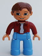 Duplo Figure Lego Ville, Male, Medium Blue Legs, Dark Red Top, Reddish Brown Hair 