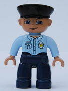 Duplo Figure Lego Ville, Male Police, Black Hat, Nougat Head and Hands,  Light Blue Shirt with Badge, Dark Blue Legs 