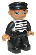 Duplo Figure Lego Ville, Male Prisoner, Black Cap, Light Nougat Head and Hands, Black and White Striped Shirt with '62019', Black Legs 