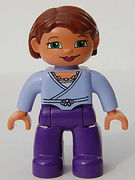 Duplo Figure Lego Ville, Female, Dark Purple Legs, Light Blue Wrap Top with Necklace, Reddish Brown Hair, Nougat Hands 