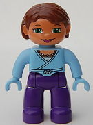 Duplo Figure Lego Ville, Female, Dark Purple Legs, Bright Light Blue Top and Hands, Reddish Brown Hair, Green Eyes 