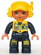Duplo Figure Lego Ville, Male, Dark Blue Legs & Jumpsuit with Yellow Vest, Radio, ID Badge, Yellow Cap with Headset, Slight Smile 