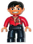 Duplo Figure Lego Ville, Male, Dark Blue Legs, Red Top with Open Collar, Black Messy Hair, VIP Badge 