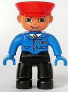 Duplo Figure Lego Ville, Male, Black Legs, Blue Jacket with Tie, Blue Hands, Red Hat, Smile with Teeth (Train Conductor) 