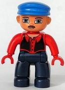 Duplo Figure Lego Ville, Male, Dark Blue Legs, Red Top with Black Vest, Blue Cap, Moustache 
