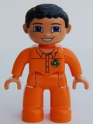 Duplo Figure Lego Ville, Male, Orange Legs, Nougat Hands, Orange Top with Recycle Logo, Black Hair, Blue Eyes 
