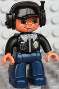 Duplo Figure Lego Ville, Male Police, Black Cap with Headset, Light Nougat Head and Hands, Black Shirt with Badge, Dark Blue Legs 