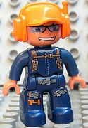 Duplo Figure Lego Ville, Male, Dark Blue Legs & Jumpsuit with Straps, Orange Cap with Headset 