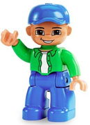 Duplo Figure Lego Ville, Male, Blue Legs, Bright Green Top with White Undershirt, Blue Cap 