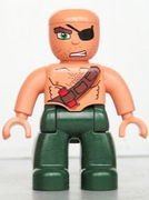 Duplo Figure Lego Ville, Male Pirate, Dark Green Legs, Nougat Top with Strap and Dynamite, Bald Head, Eyepatch 