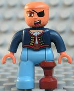 Duplo Figure Lego Ville, Male Pirate, Medium Blue Legs, Dark Blue Top with Buttons, Bald Head, Eyepatch, Peg Leg 